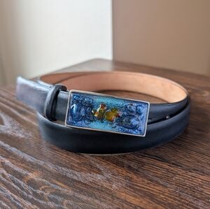 Qualheim Bollorini Italian Blue Art Glass Buckle Black Leather Belt